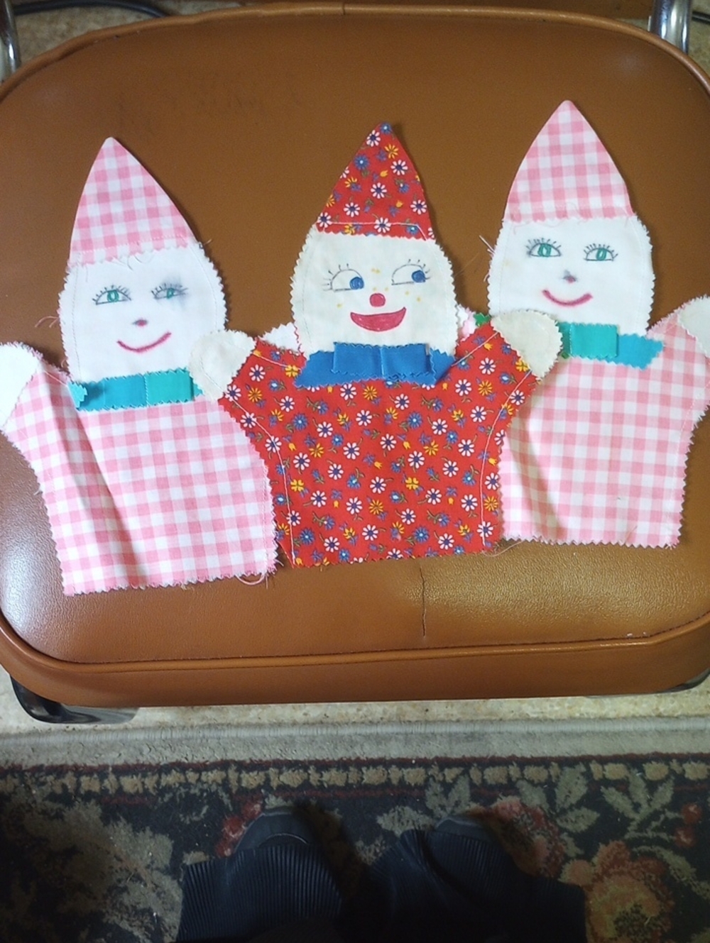 RARE 3 Handmade Vtg Colorful Children's Clown Hand Puppets w/ Checks & Flowers
